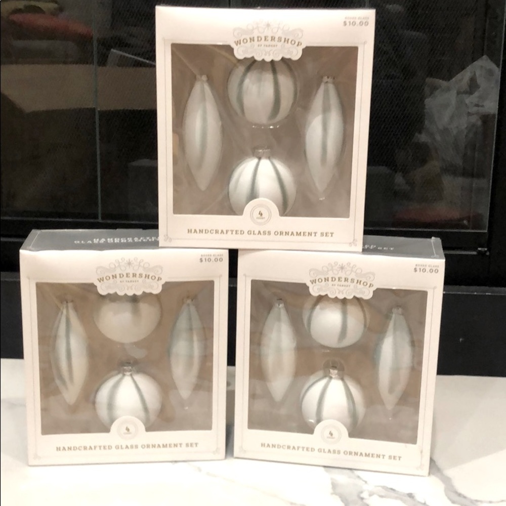 SET OF 3 Gray Stripe Handcrafted Glass Ornaments